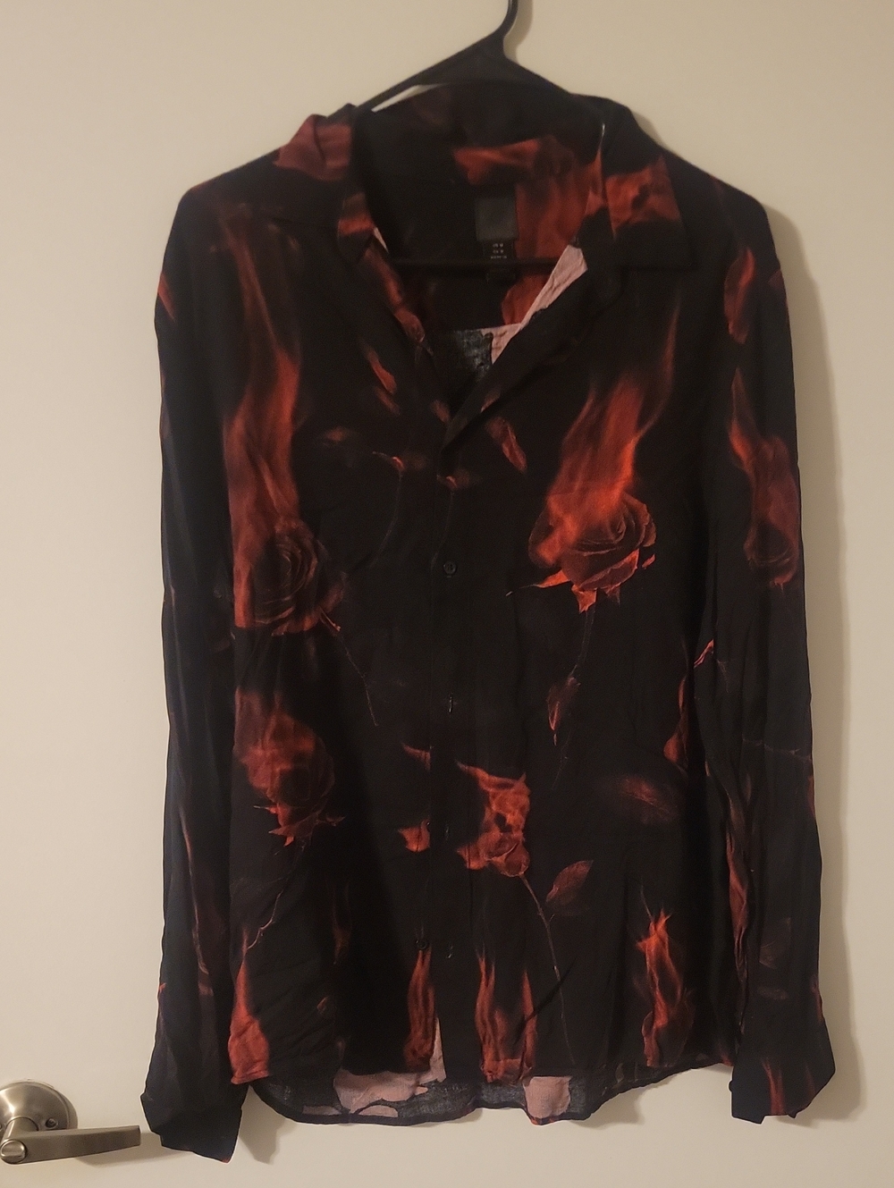 H&M Black Button-Down Shirt with Orange Flame Rose Print